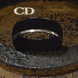 Men's Black Titanium Wedding Ring Band - Black With Silver step Edges